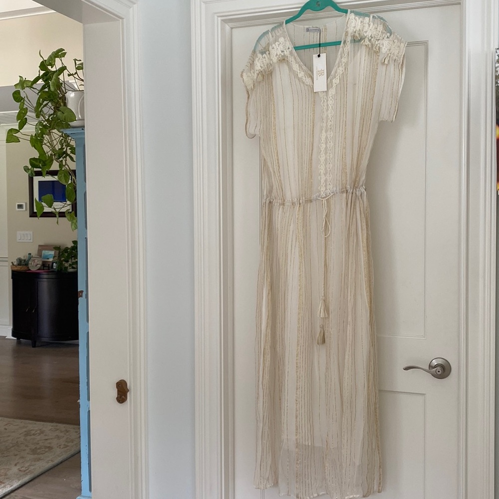 NWT Lisa Robertson Sheer White Boho Style MAXI Dress Size L w/gold threading